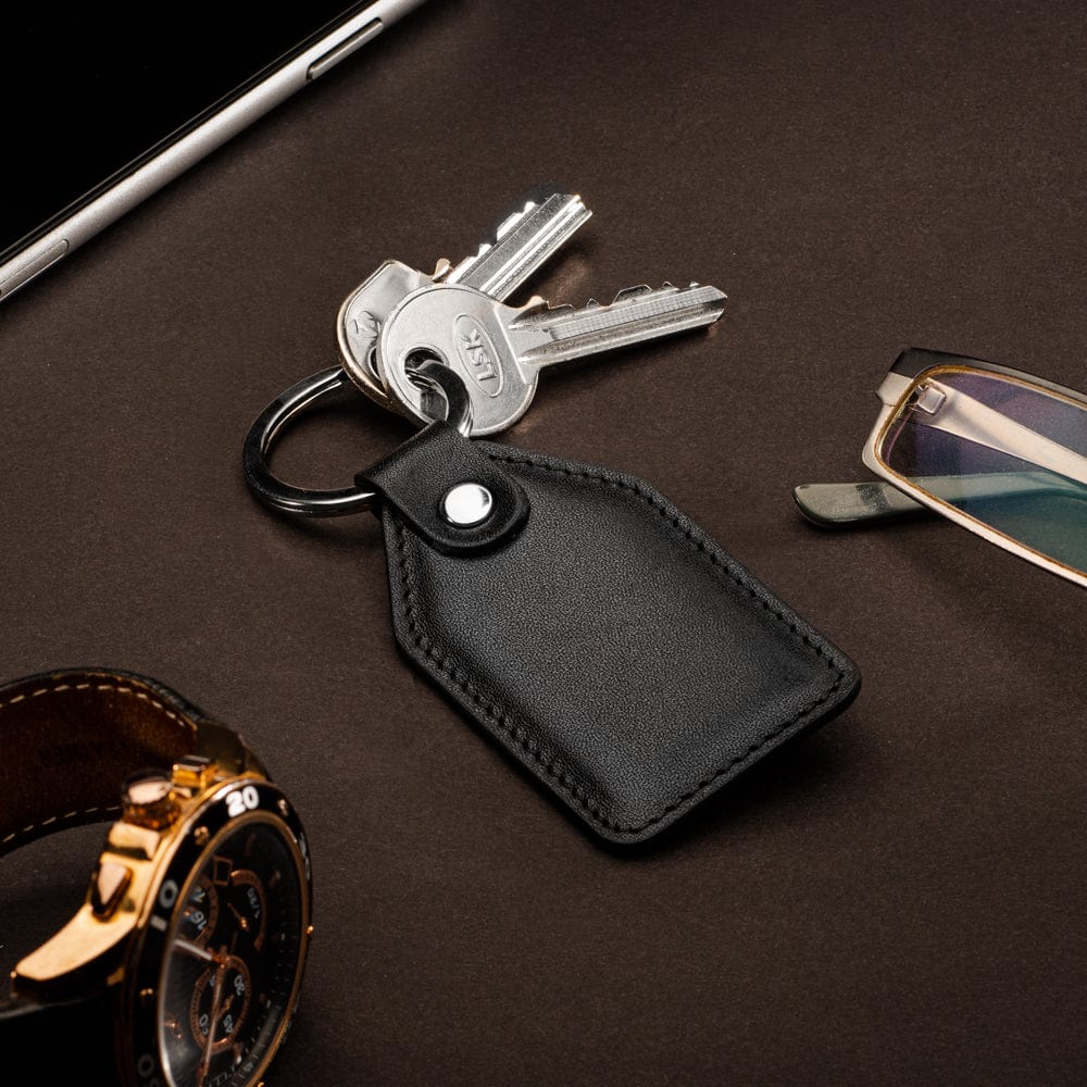 Rectangular leather key fob, black, lifestyle