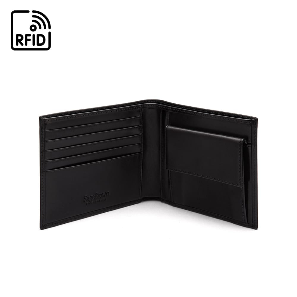RFID leather wallet with coin purse, black, open