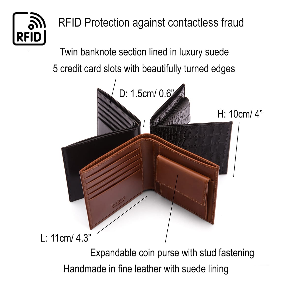 RFID leather wallet with coin purse, features and dimensions