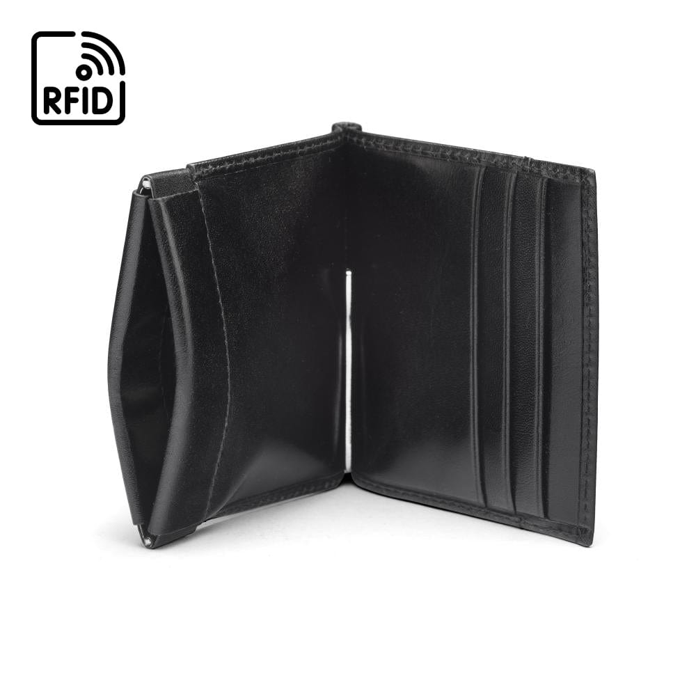 Leather money clip wallet with coin purse, black, open