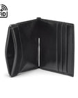 Leather money clip wallet with coin purse, black, open