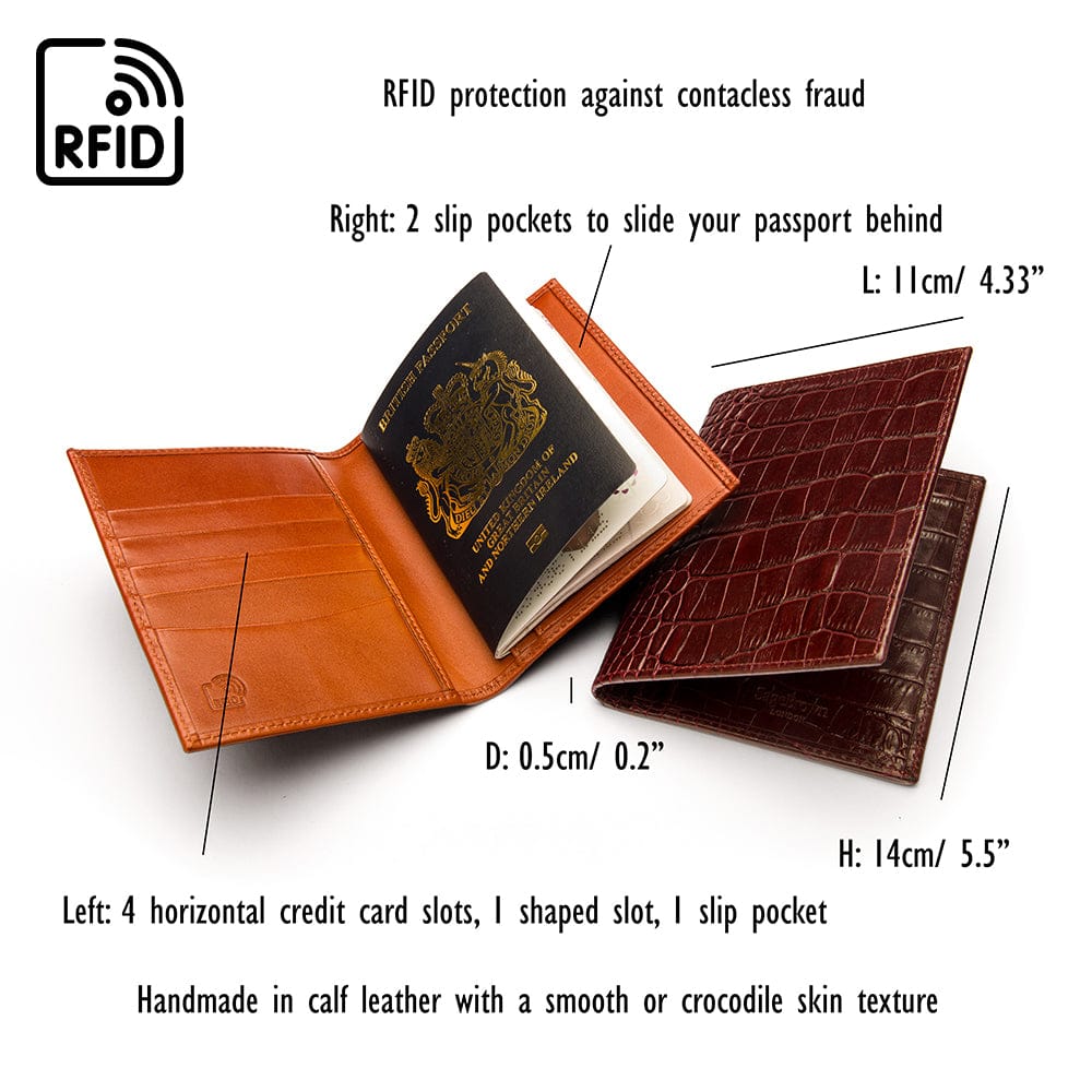 RFID leather passport holder, features and dimensions