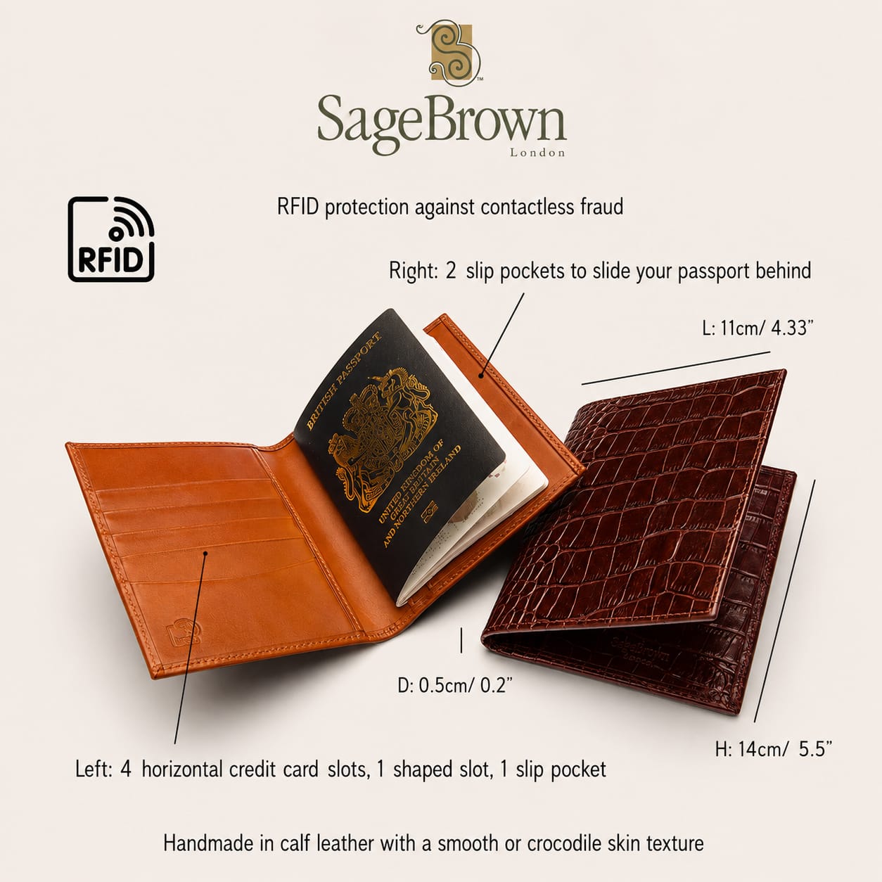 RFID Leather Passport Holder, features and dimensions