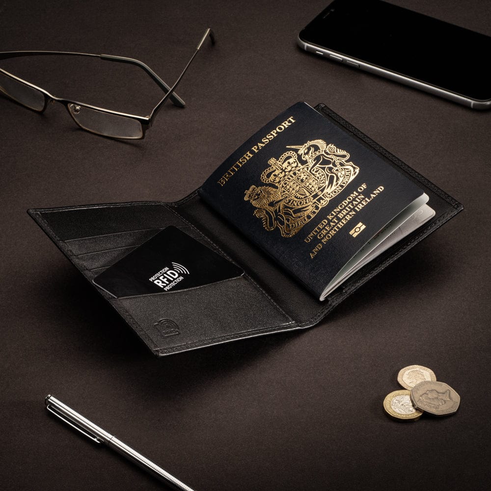 RFID leather passport holder, black, lifestyle