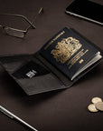 RFID leather passport holder, black, lifestyle