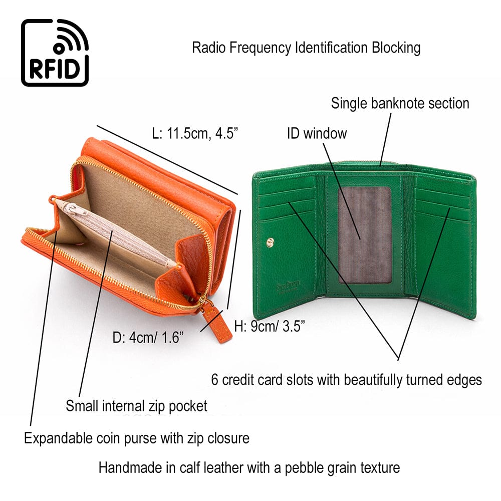 RFID blocking leather tri-fold purse, features and dimensions