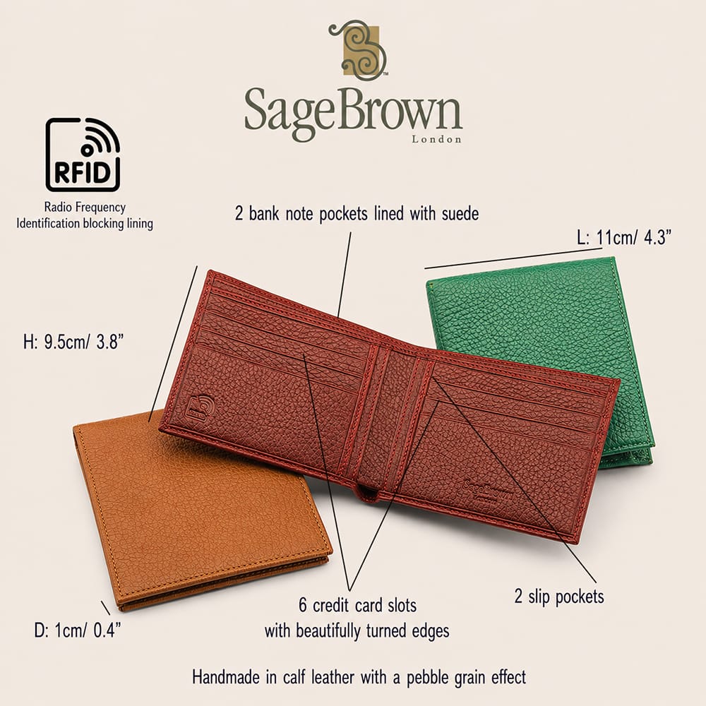 RFID leather wallet with 6 credit card slots, features and dimensions