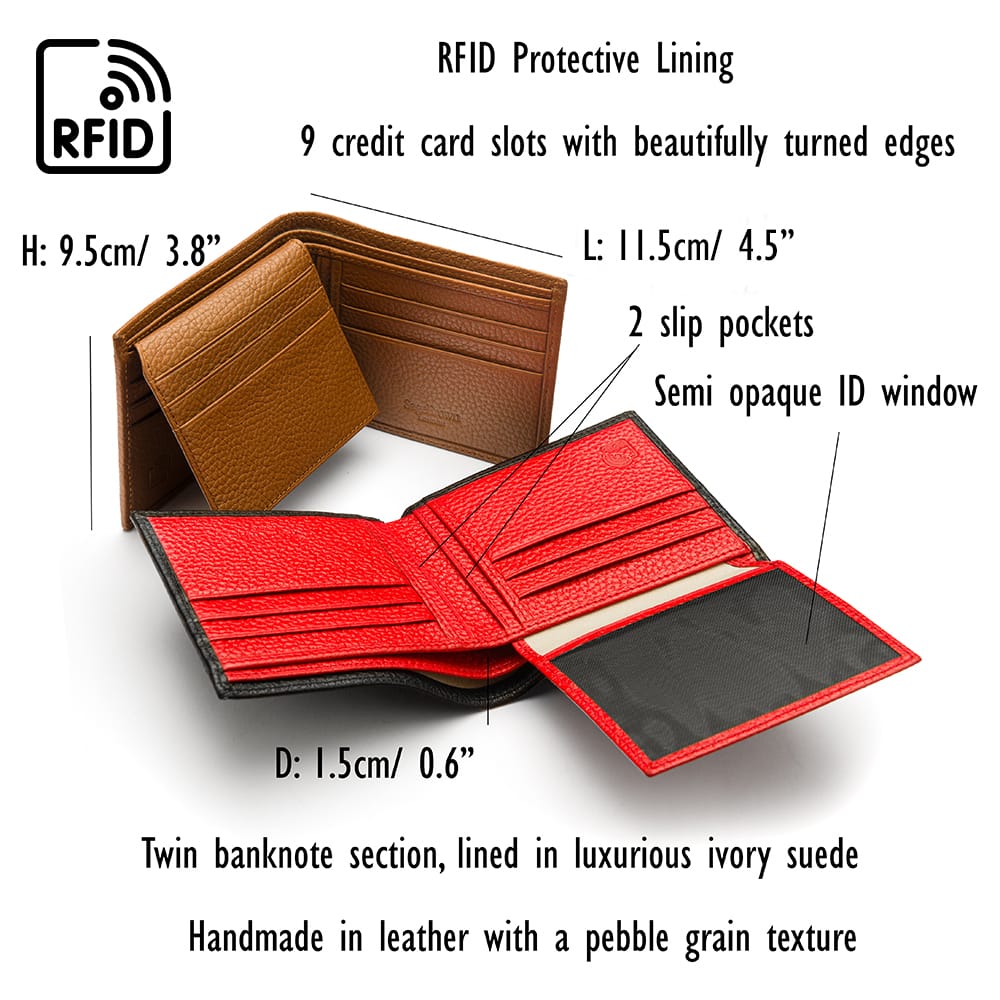RFID leather wallet with 9 cc, features and dimensions