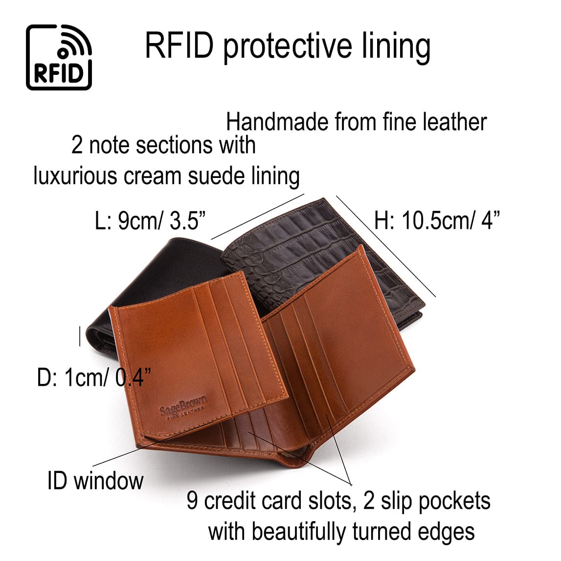 RFID leather wallet with ID, 9 CC, features and dimensions