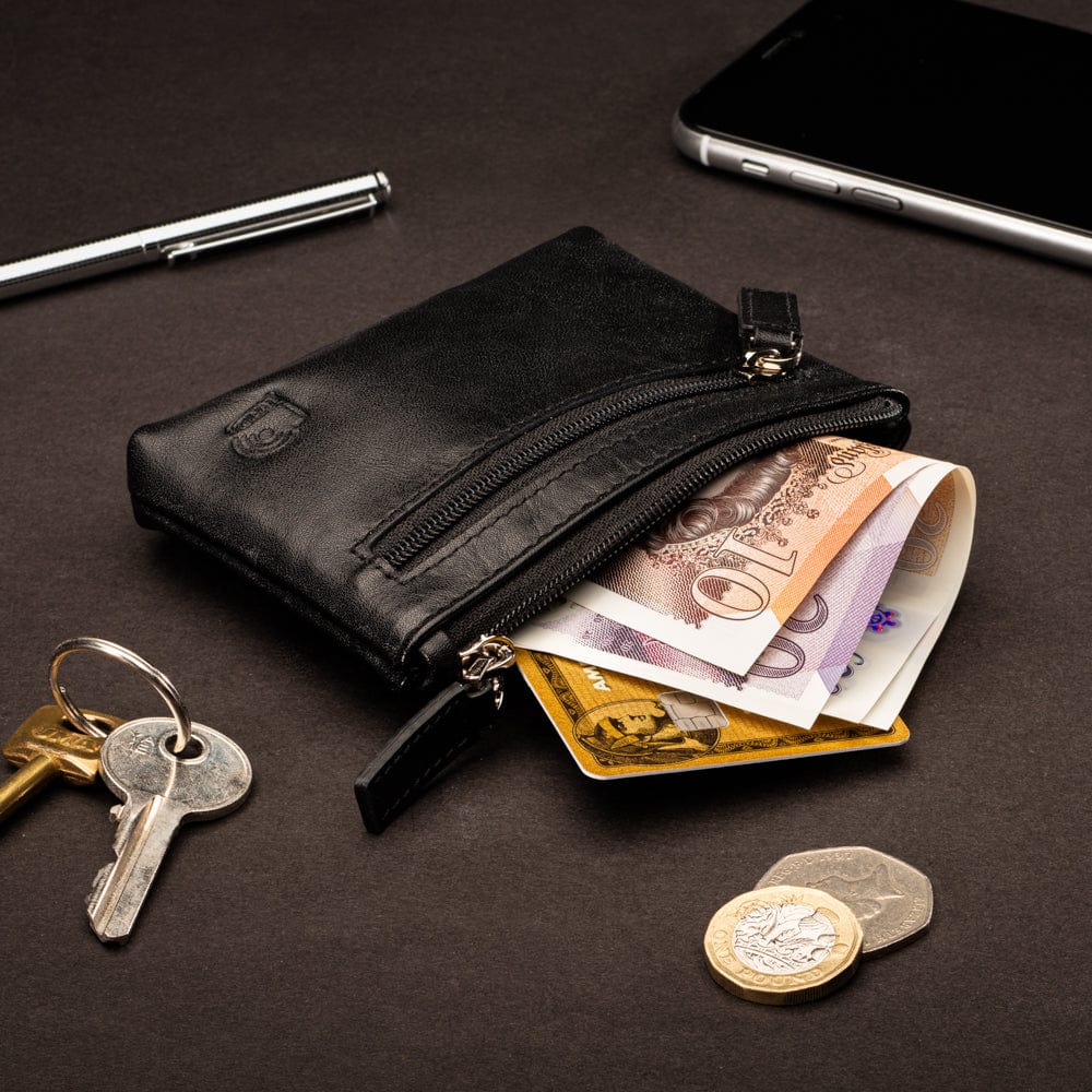 RFID Small leather zip coin pouch, black, lifestyle