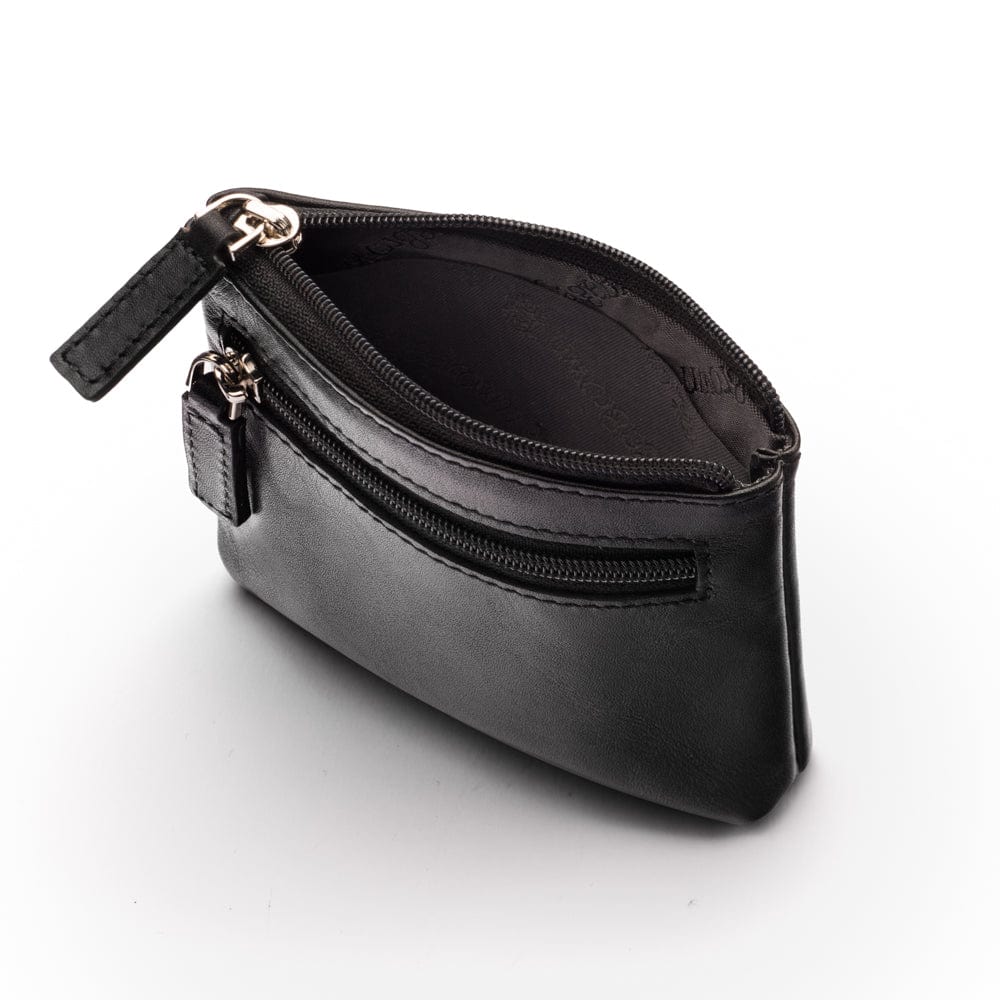 RFID Small leather zip coin pouch, black, inside