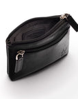 RFID Small leather zip coin pouch, black, open