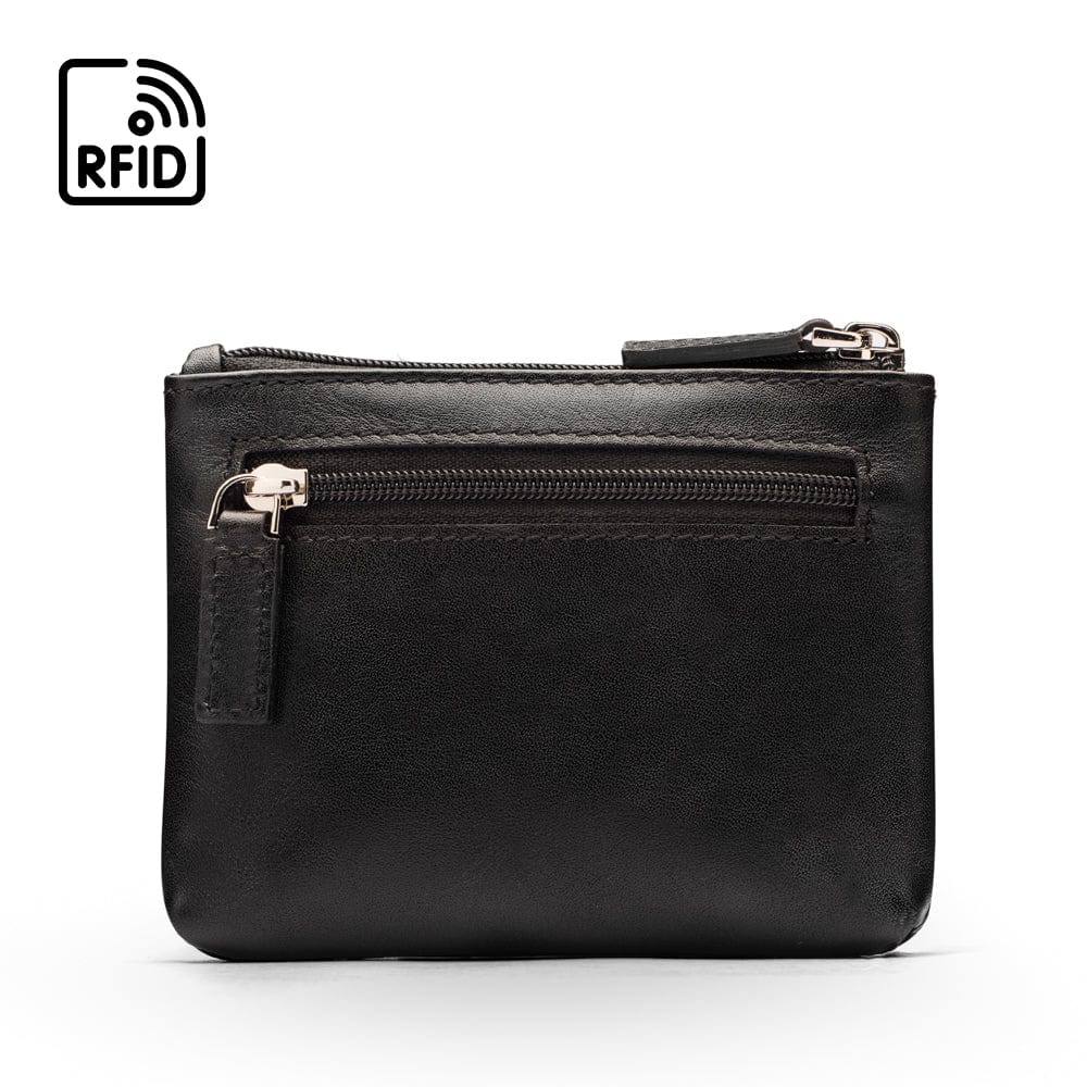RFID Small leather zip coin pouch, black, front view