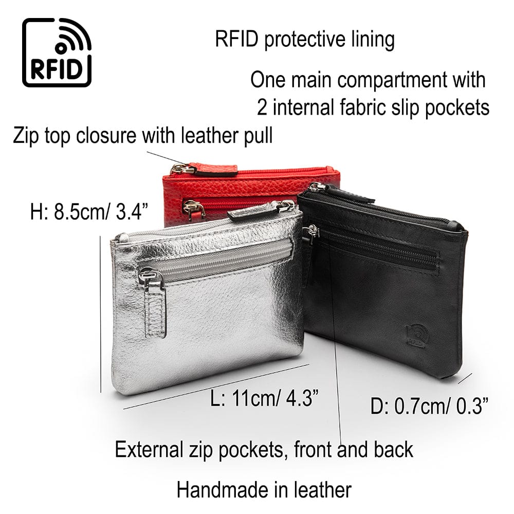 RFID Small leather zip coin pouch, features and dimensions