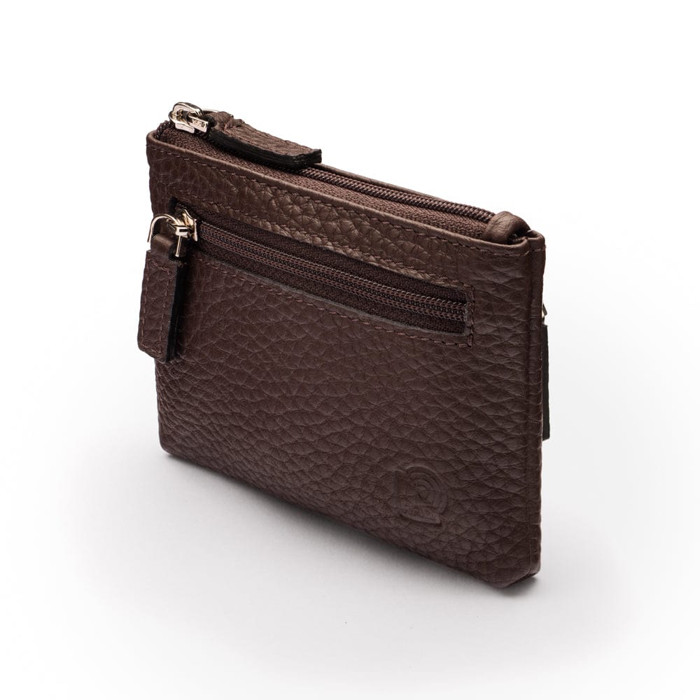 RFID Small Leather Zip Coin Pouch - Brown Pebble Grain