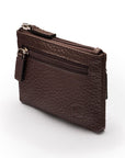 RFID Small Leather Zip Coin Pouch - Brown Pebble Grain