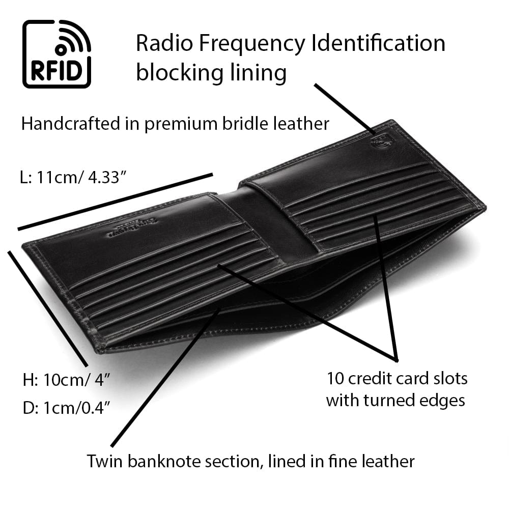 RFID wallet in bridle hide leather, black, features