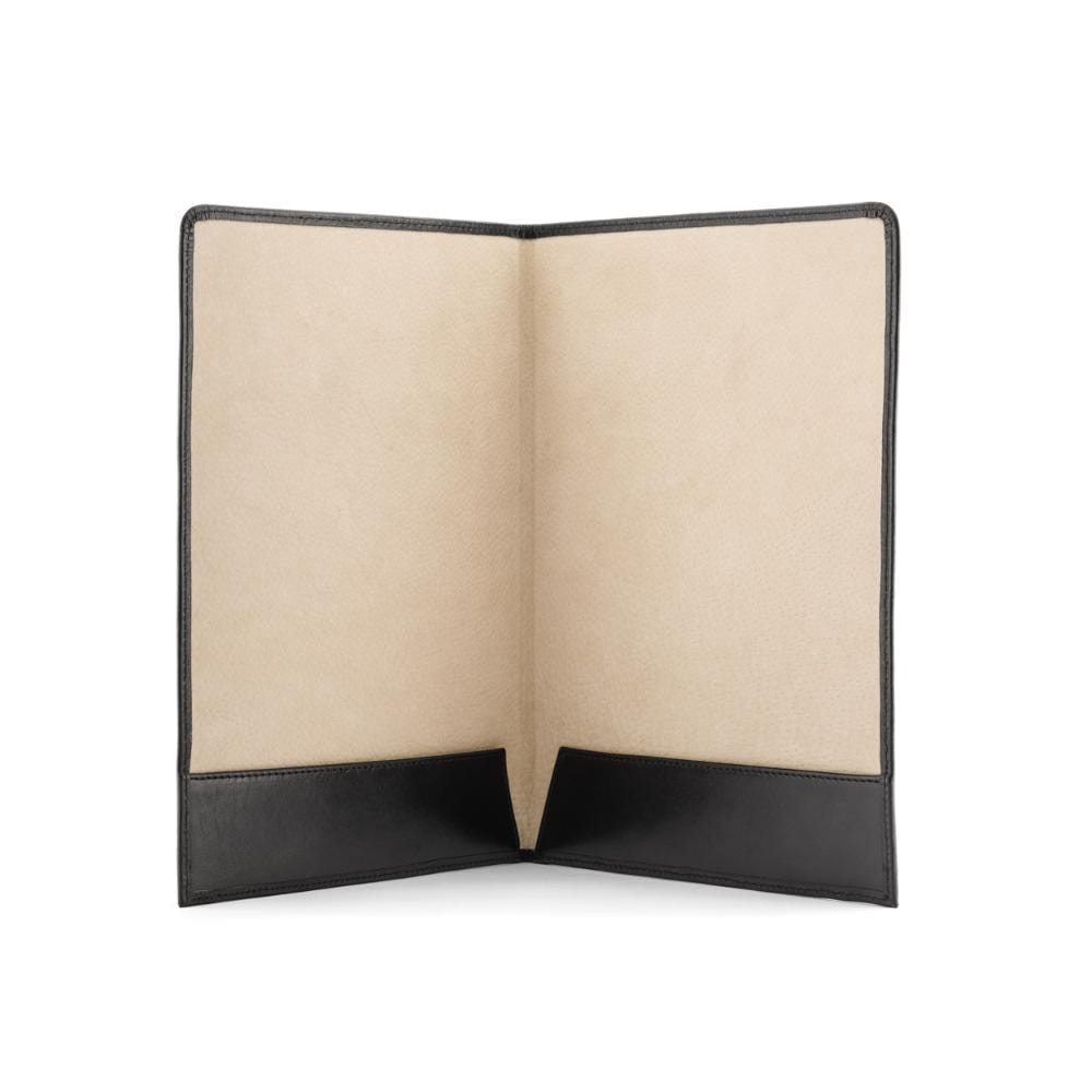 Simple leather document folder, black, open