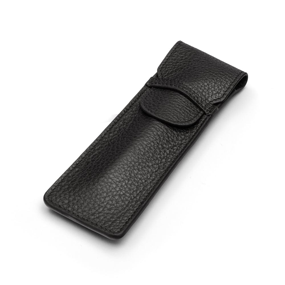 Single leather pen case, black pebble grain, front