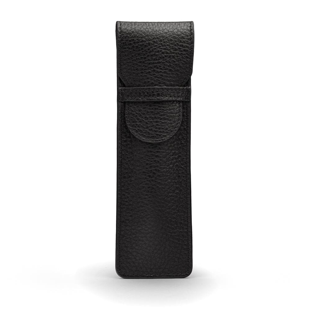 Single leather pen case, black pebble grain, front view