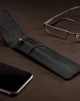 Single leather pen case, black pebble grain, lifestyle