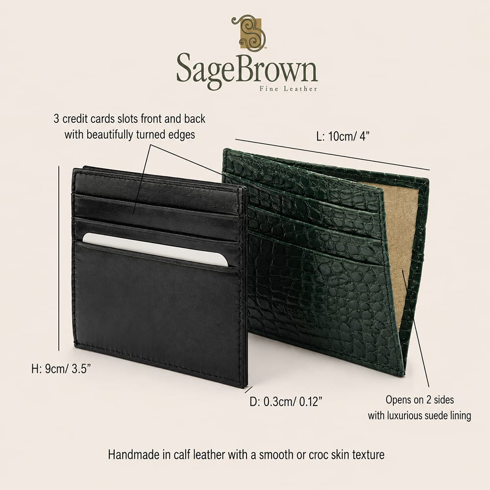 Slim flat leather card case, features and dimensions