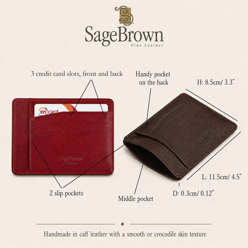 Slim flat leather card holder, features and dimensions