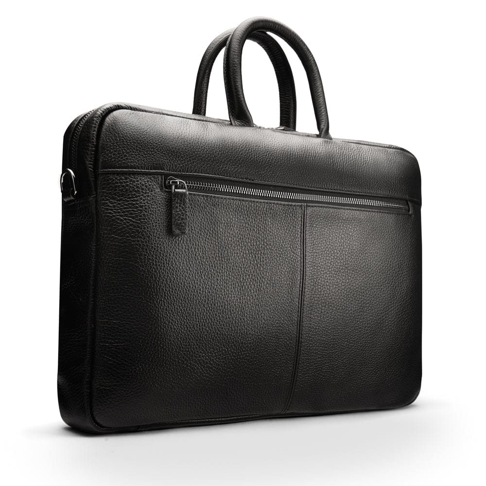17" slim leather laptop bag, black, front