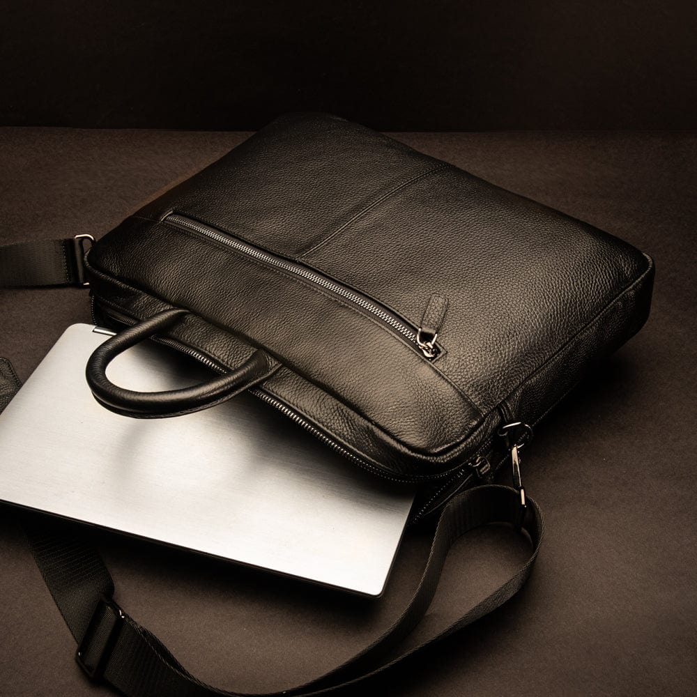 17" slim leather laptop bag, black, lifestyle
