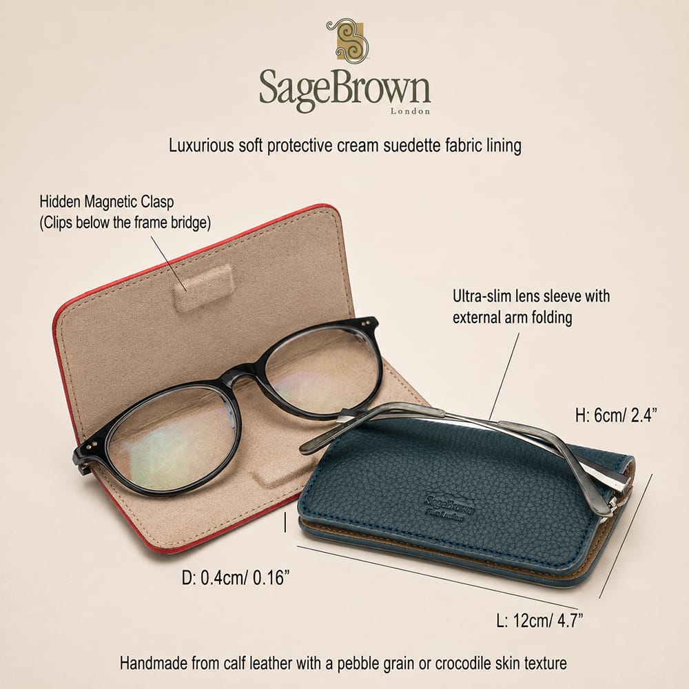 Slim Leather Glasses Lens Cover with Magnetic Closure, features and dimensions