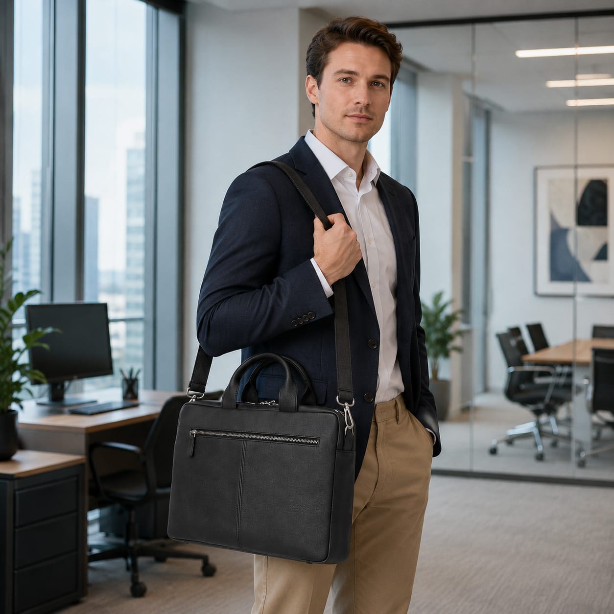 Slim Leather Laptop Bag for 15-inch Laptops, black, lifestyle