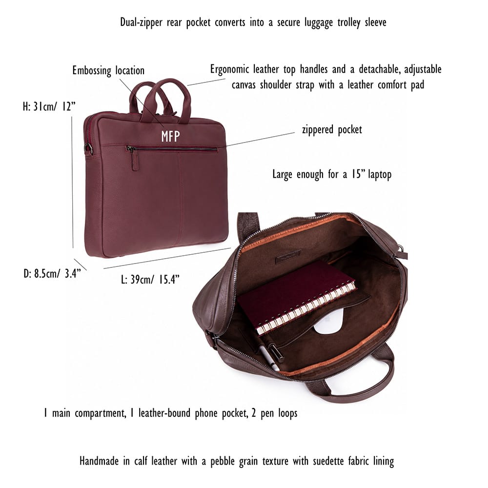 Slim Leather Laptop Bag for 15-inch Laptops, features and dimensions