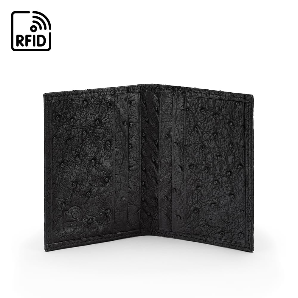 Slim Real Ostrich Leather Bifold Card Wallet with RFID, Black, inside