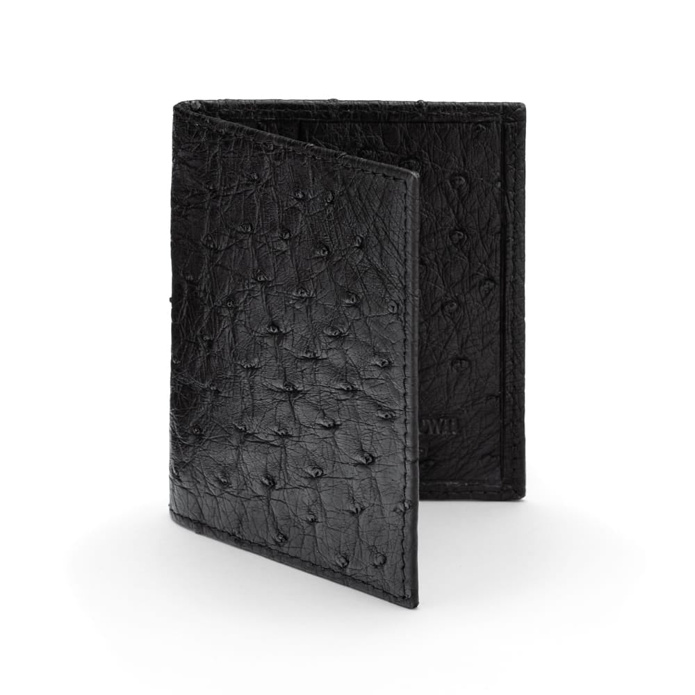 Slim Real Ostrich Leather Bifold Card Wallet with RFID, Black, front