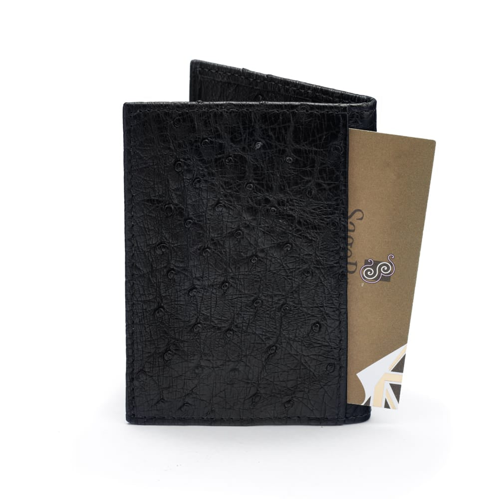 Slim Real Ostrich Leather Bifold Card Wallet with RFID, Black, back