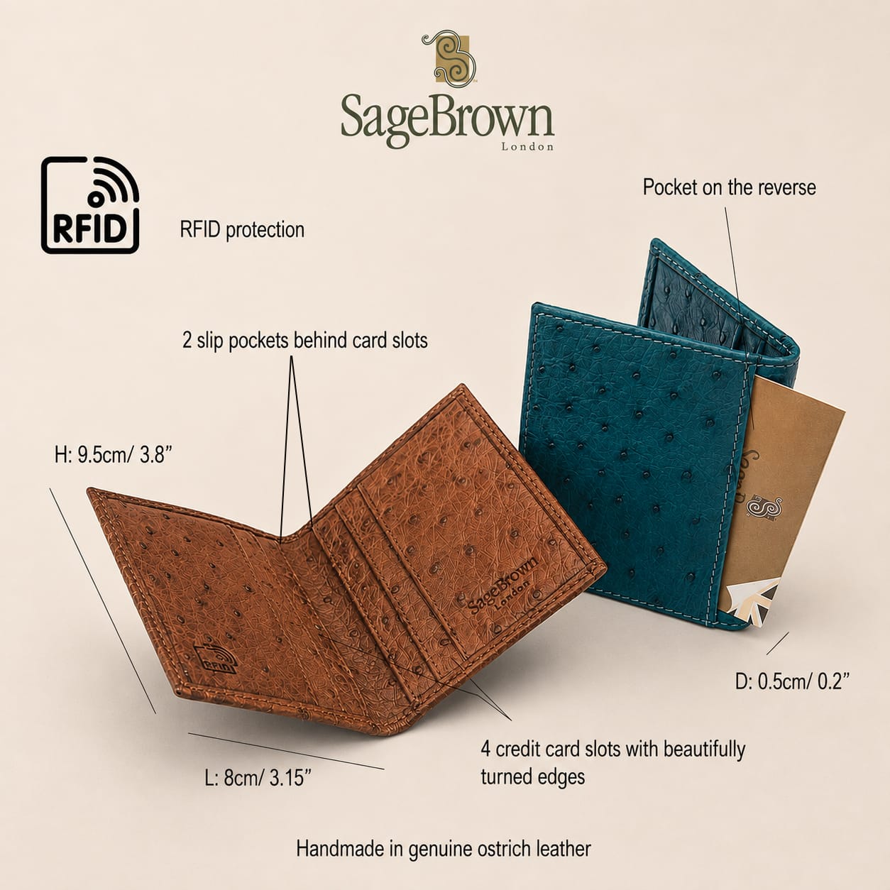Slim Real Ostrich Leather Bifold Card Wallet with RFID, features and dimensions