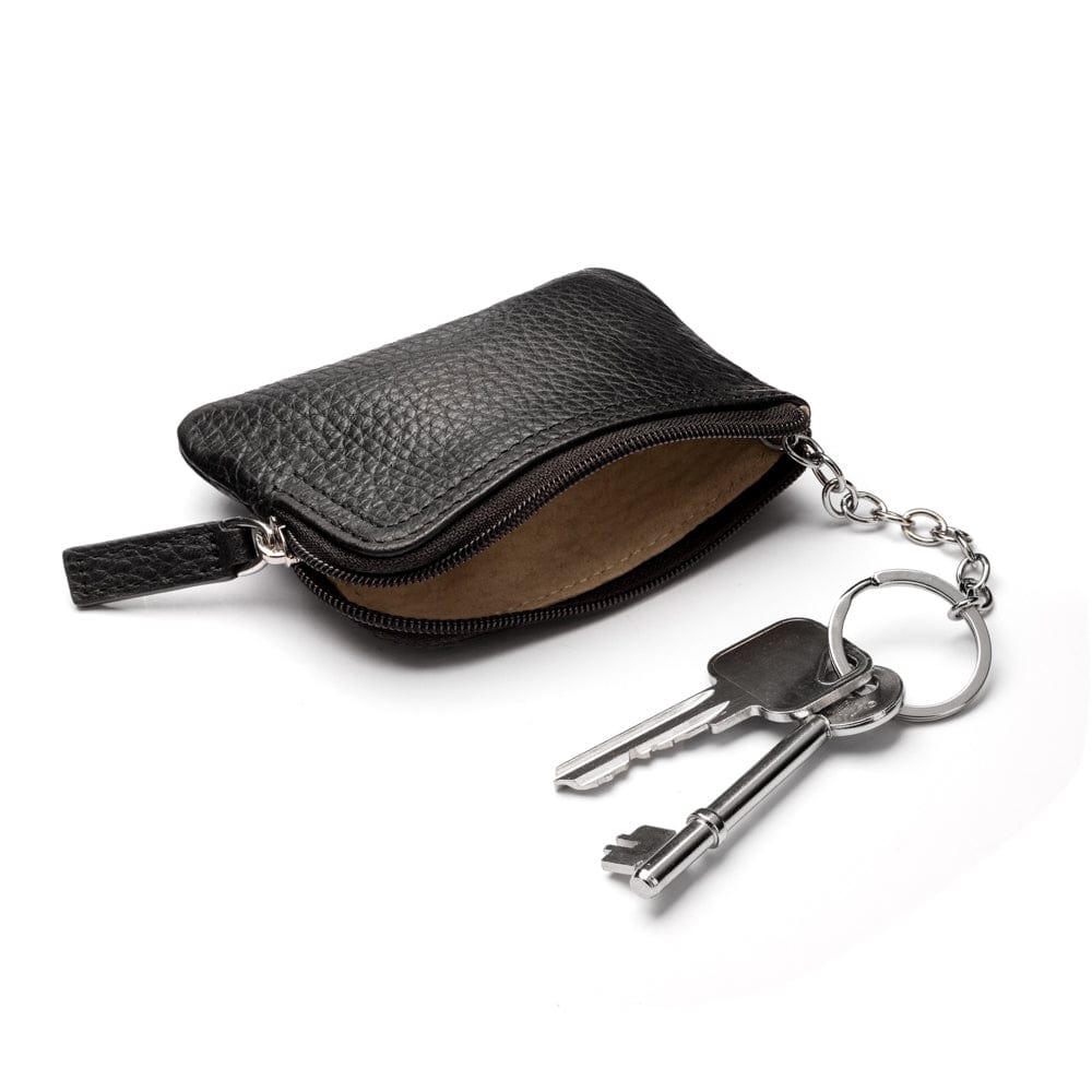 Small leather coin purse with key chain, black, inside