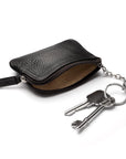 Small leather coin purse with key chain, black, inside