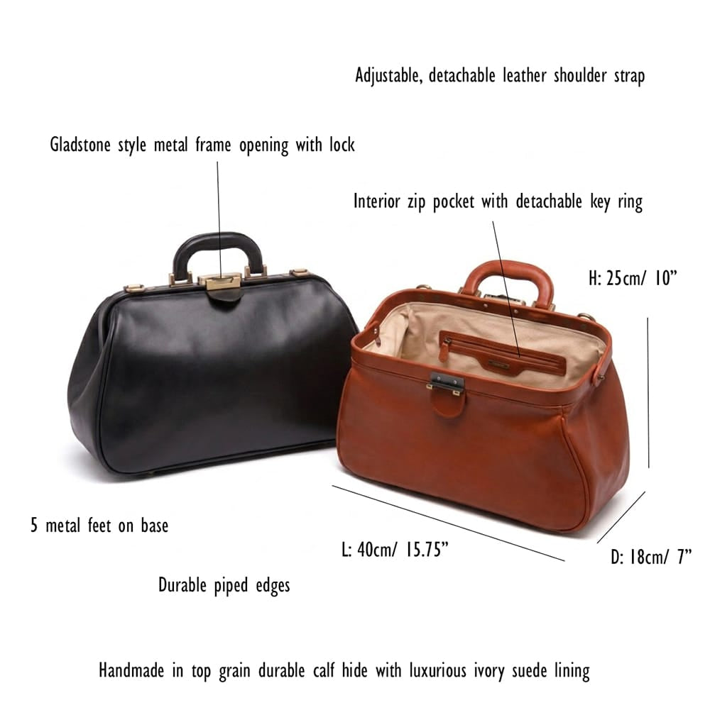 Small Gladstone Bag in Leather, features and dimensions