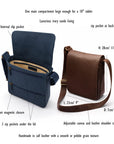 Small leather messenger bag, features and dimensions
