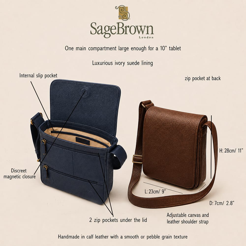 Small leather messenger bag, features and dimensions