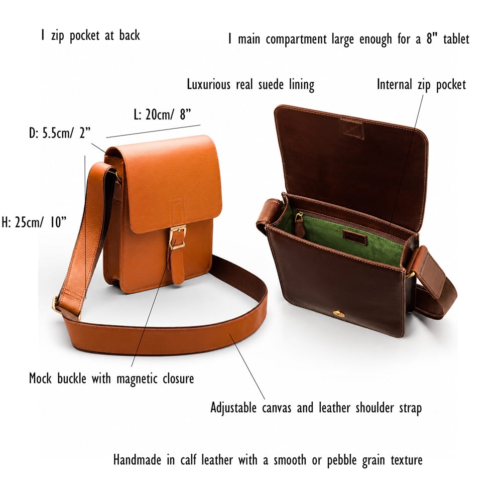 Small leather messenger bag with buckle, features and dimensions