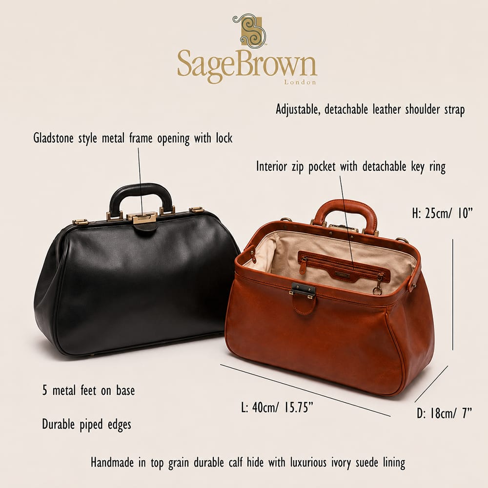 Small luxury leather Gladstone bag, features and dimensions