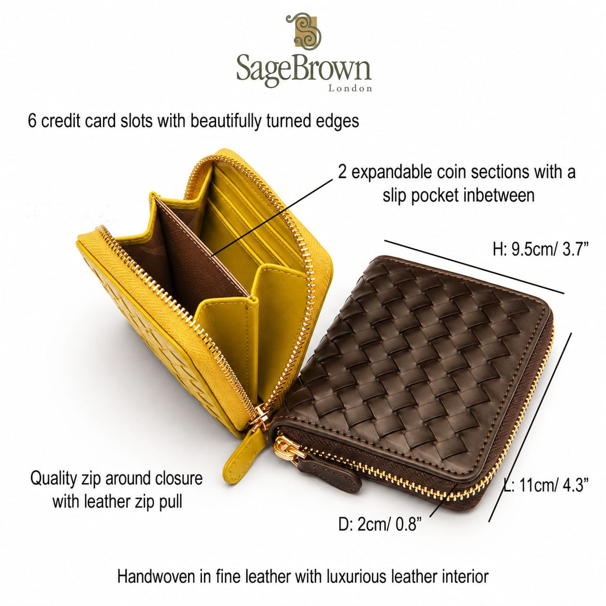 Small zip around woven leather accordion purse, features and dimensions