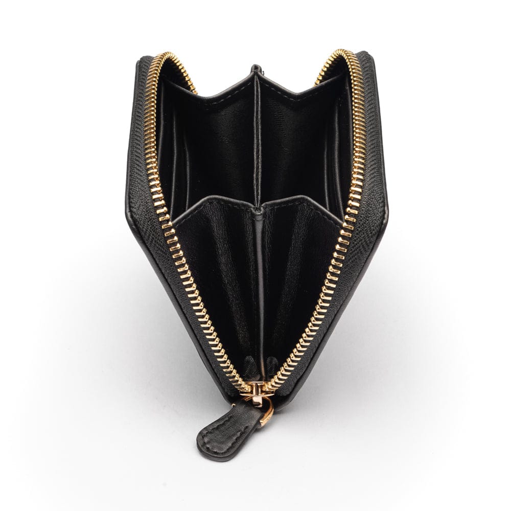 Small zip around woven leather accordion purse, black, side