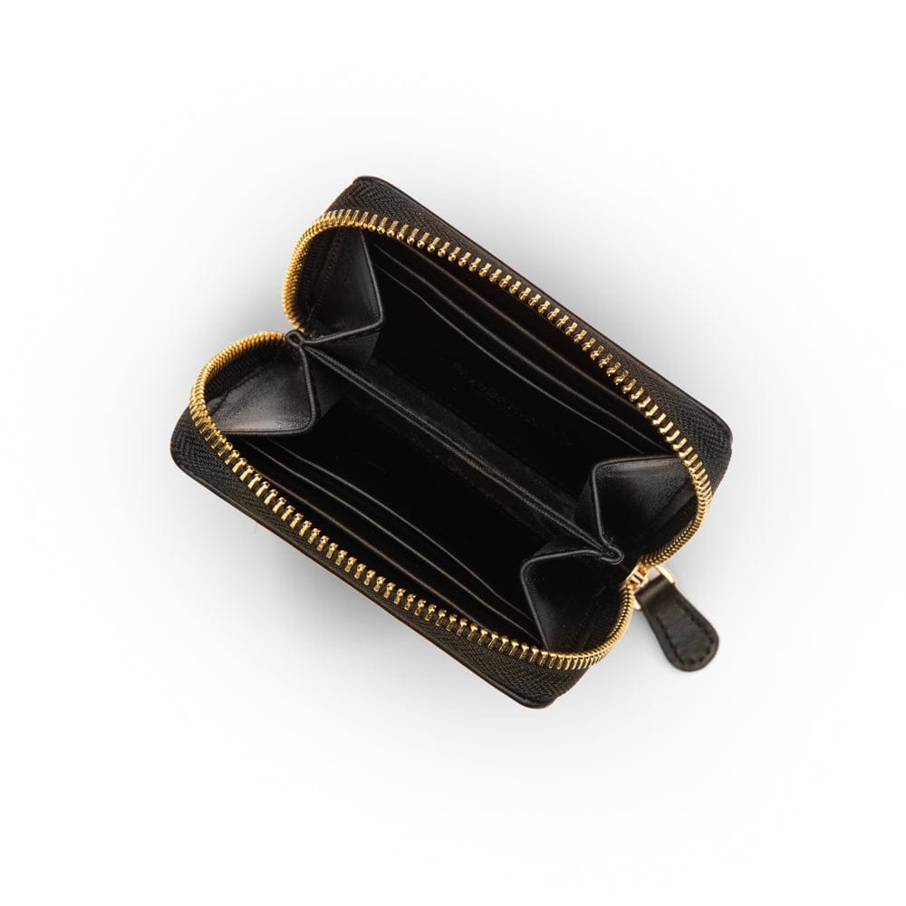 Small zip around woven leather accordion purse, black, open