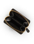 Small zip around woven leather accordion purse, black, open