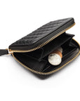 Small zip around woven leather accordion purse, black, inside