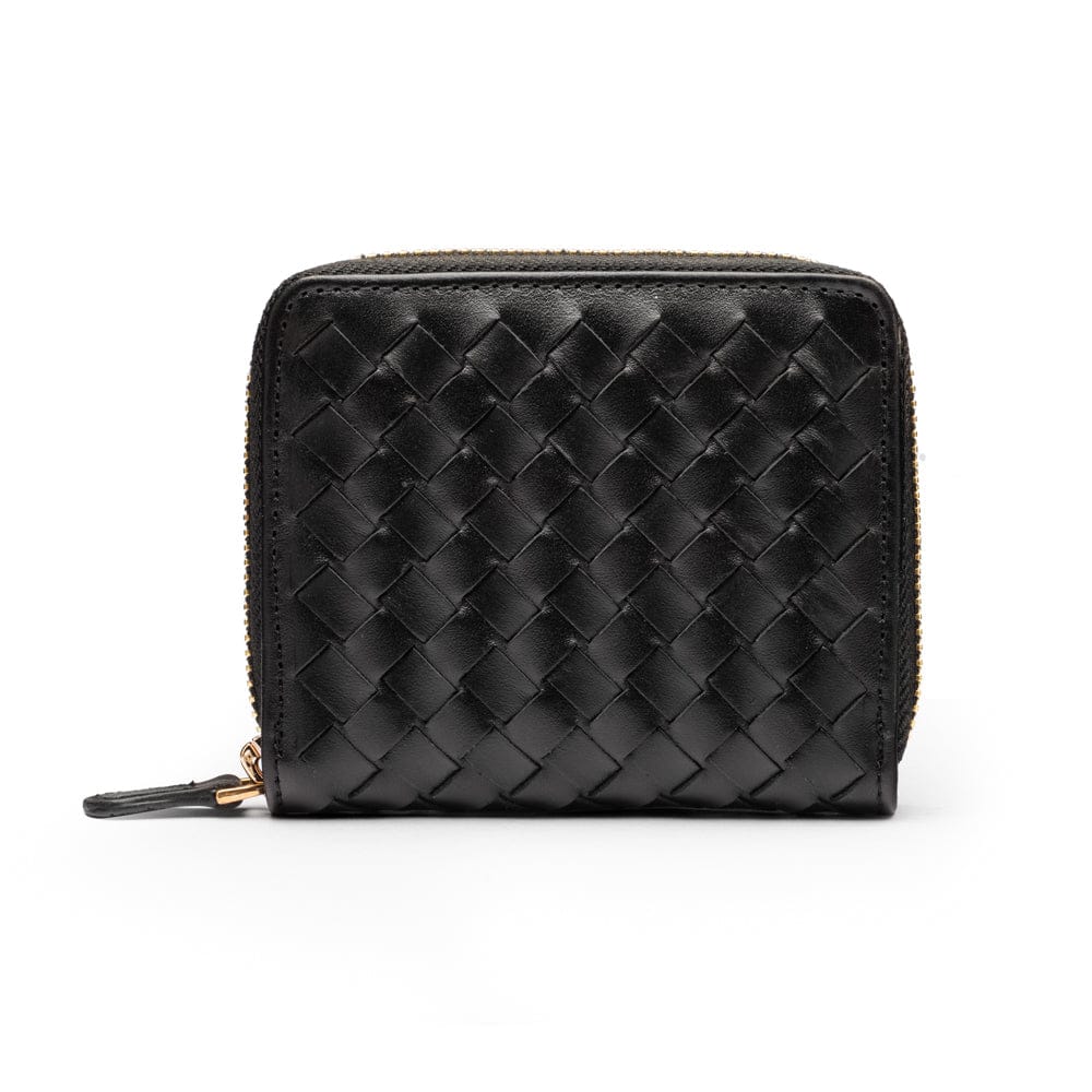 Small zip around woven leather accordion purse, black, back