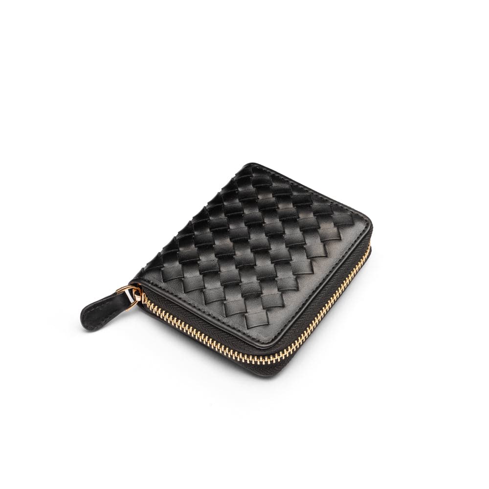 Small zip around woven leather accordion purse, black, front